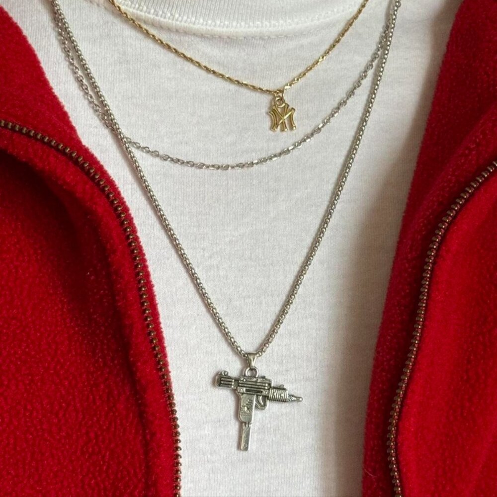 y2k 2000s heavy metal gothic silver gun pendant mini uzi chain necklace